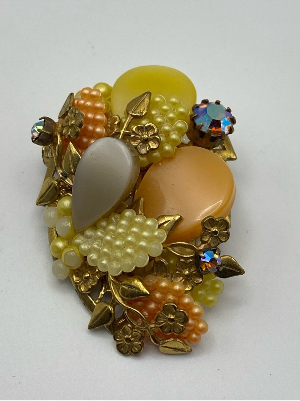 Yellow & Peach Floral Cluster Brooch with Gold-Tone Accents